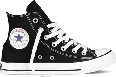 A black Converse Chuck Taylor All Star high-top sneaker with white laces and white soles, shown from the side.