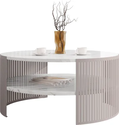 Produktbild von MIRJAN24 Couchtisch Fikoli Cashmere, Wohnzimmer Kaffeetisch, Beine und Seiten aus Stahl (Farbe: Cashmere / Bianco Marmor)