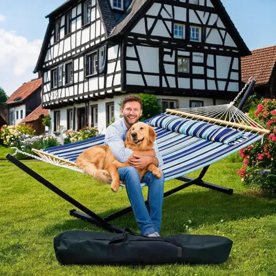 Zdjęcie produktu dla Hamak dwuosobowy - hamak z metalowym stelażem dla 2 osób - długość 366 cm - powierzchnia leżąca 200 x 140 cm - maksymalne obciążenie 204 kg - zdejmowana poduszka - kolor: ciemnoszary