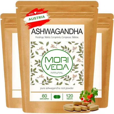 Produktbild von Moriveda Ashwagandha Tabletten – 360 Stück – 1900 mg Wurzelpulver pro Tagesdosis – 40 mg Withanolide – vegan – aus Indien