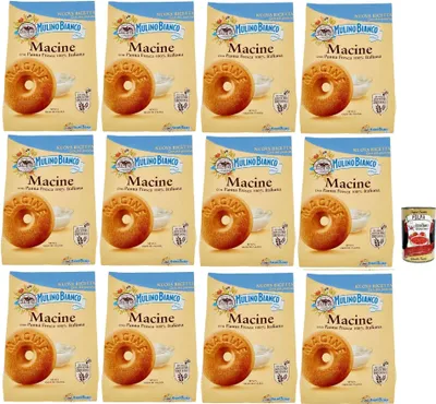 Produktbild von Mulino Bianco Biscotti Frollini Macine con Panna Fresca, Kekse mit frischen 100% italienischen Milch, Ohne Palmöl, Frühstück voller Geschmack, buscits cookies 12x 800 g + Italian Gourmet polpa 400 g