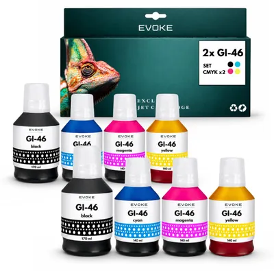Immagine prodotto di Inchiostri compatibili Evoke per stampanti Canon GI-46, set di 8 flaconi: 2 x CMYK, 2 x Nero pigmentato, 2 x Ciano, 2 x Magenta, 2 x Giallo, capacità 340 ml, resa massima di 96.000 pagine, compatibili con i modelli MAXIFY GX3040, GX4040, GX4050, GX5040, GX5050, GX6040, GX6050, GX7040, GX7050