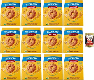 Produktbild von Balocco Risofrolle Biscotti con Farina e crispies di riso, Kekse mit Mehl und Cristpies von Reis biscuits cookies 100% Italienische Kekse 12x 700g + Italian Gourmet polpa 400g