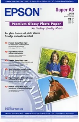 Obrázok produktu pre Epson Premium Glossy Photo Paper, DIN A3+, 250g/m², 20 list, Atramentová tlač, A3+ (330x483 mm), Lesk, 20 listy, 250 g/m², 345 mm