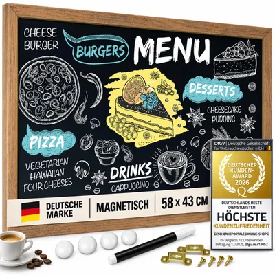 Productafbeelding van Premium magnetisch bord en krijtbord met houten frame (43x58 cm) – Inclusief krijtstift, 4 magneten en bevestigingsmateriaal, geschikt voor kantoor, keuken en kinderkamer