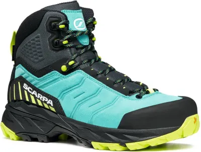 Multifunktionsschuh "Rush TRK GTX Wmn" von Scarpa in Türkis und Schwarz mit gelben Akzenten.
