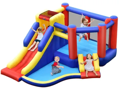 Produktbild von Aufblasbare Hüpfburg für Kinder - Springhaus mit Doppelrutschen - Für Garten und Outdoor-Spiel - Gebläse nicht enthalten - Rot Blau Gelb