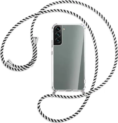 Produktbild von Handykette Backcover-Schutzhülle mit Band (Metall silberfarben) für Samsung Galaxy S22 5G (S901) - schwarz/weiß gestreift