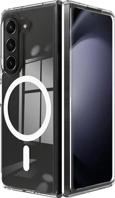 A transparent protective case for a foldable phone, showing the back and side.