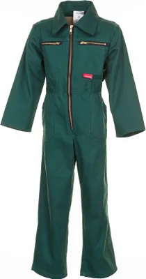 A green jumpsuit is displayed flat against a white background.