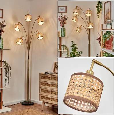 Produktbild von Varoni Stehlampe Metall/Rattan/Stoff, Schwarz/Messing gebürstet/Natur/Braun
