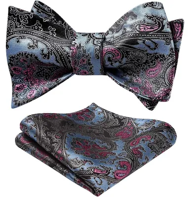 Produktbild von Herren Fliegen und Einstecktuch Set Floral Jacquard Selbstbinder Schwarz Pink Blau