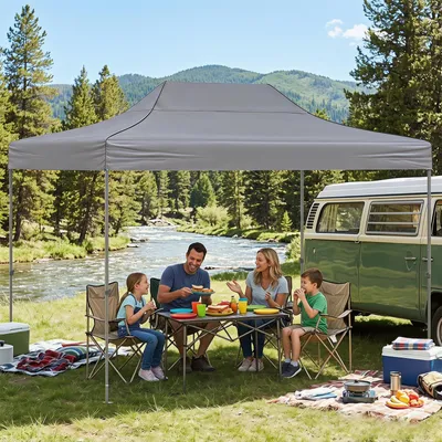 Produktbild von COSTWAY Pop up Pavillon 3x4,5m, Faltpavillon wasserdicht Winterfest mit 4 Seitenwänden, Sandsäcken & Rolltasche, Gartenpavillon höhenverstellbar Grau