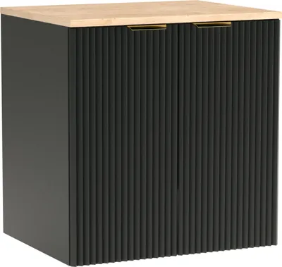 A black vanity cabinet with a wooden top and gold handles, shown against a white background.