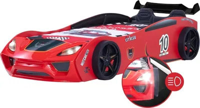 Produktbild von Autobett Dream Racer Kinderbett mit Rückenpolster Rennauto-Design mit Lattenrost 90x200 Kunstleder Sportsitze, Spoiler Spielbett Rot