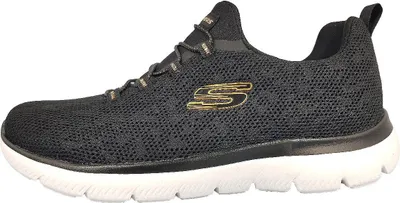 A side view of a black Skechers sneaker with a white sole.