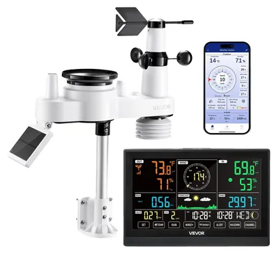 Image de Station météo WLAN VEVOR 7 en 1 avec APP, écran VA 7,5 pouces, capteur extérieur alimenté à l'énergie solaire, centre météo pour les prévisions météorologiques, vitesse du vent, température, humidité de l'air, précipitations