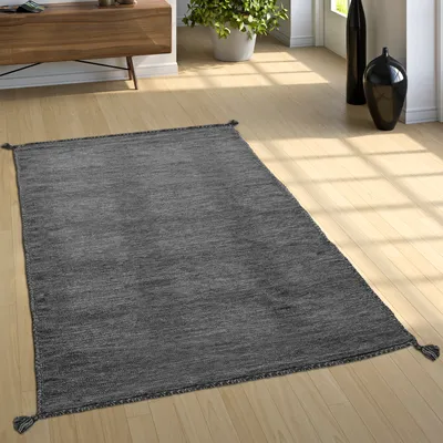 Produktbild von Designer Teppich Webteppich Kelim Handgewebt 100% Baumwolle Modern Meliert Grau Grösse 80x150 cm