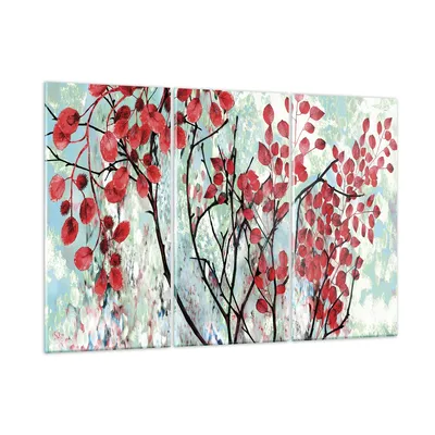 Produktbild von Bilder auf glas - 3 Teile - Rot Blätter Zweige - 165x110cm - Glasbilder - Wandbilder - Bilder - zum Aufhängen bereit - Wanddekoration aus Glas - Glas Bilder - Wandbild auf Glas - GCE165x110-4508
