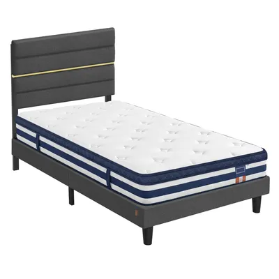 Produktbild von VASAGLE Polsterbett mit Verstellbarem Kopfteil und 7-Zonen Taschenfederkernmatratze Set, 90x200 cm, Höhe 25 cm, Grau/Blau