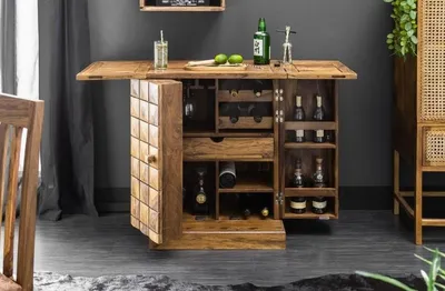 Image de Casa Padrino Armoire de bar design couleur naturelle / marron 65-130 x 50 x H. 90 cm - Armoire à vin moderne en bois massif avec 2 portes et un tiroir - Meubles de bar