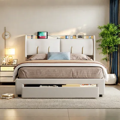 Zdjęcie produktu dla Łóżko tapicerowane 160x200 cm z 2 gniazdami USB i 2 gniazdkami, łóżko młodzieżowe dwuosobowe ze stelażem z listew i schowkiem, łóżko do przechowywania z litego drewna z diodami LED i stelażem z listew, aksamitne, beżowe