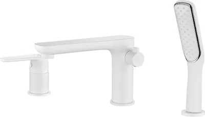 A white bathtub faucet and a separate handheld shower head are displayed against a white background.