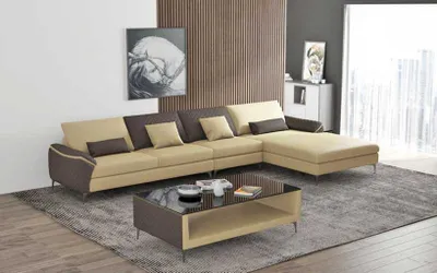 Zdjęcie produktu dla Zestaw Narożny Skórzana Sofa Narożna W Kształcie Litery L Rozkładana Beżowy