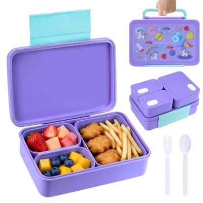 Produktbild von Lunchbox mit Fächern, 1200 ml Kinder-Lunchbox, auslaufsichere Bento-Box, 3-in-1 Bento-Box, Schul-Lunchbox, stapelbare Snackbox mit Deckel, BPA-frei, für Schule, Kindergarten und unterwegs (lila)