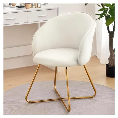 Produktbild von Schminktischstuhl mit goldenen Metallbeinen, beiger Samtbezug, moderner Sessel mit Armlehnen, Polsterstuhl für Schminktisch und Wohnzimmer