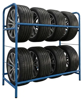 Zdjęcie produktu dla Regał na opony Relaxdays na 8 opon, wys. x szer. x gł.: 106 x 106 x 46 cm, nośność 200 kg, stal, 2 półki, regał na opony, miejsce do przechowywania opon, kolor niebieski