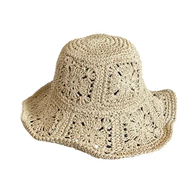 Produktbild von Damen-Sonnenhut, einfarbig, gehäkelter Strohhut, faltbar, breite Krempe, UV-Schutz, hohl, atmungsaktiv, Strand-Eimer, Sonnenhut, Beige, Einheitsgröße