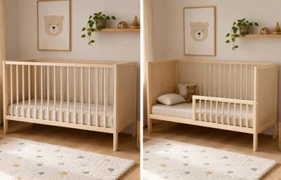 Image de Lit bébé modulable, lit de couvée, lit pour enfant | Structure modulable avec barreaux, sommier à lattes réglable en hauteur (3 positions) et barreaux amovibles | Lit pour bébé en bois, idéal pour la chambre d'enfant | 120x60 cm | Naturel