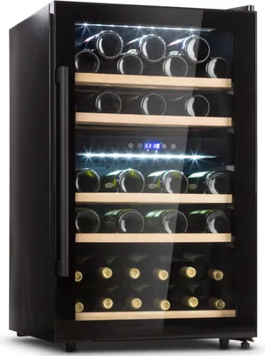 Produktbild von Klarstein Weinkühlschrank, Getränkekühlschrank Schmal, 2 Zonen Kühlschrank mit Glastür, Getränkekühlschränke Freistehend, Weinkühlschrank Klein, Weinkühlschränke mit UV-Schutz, 5-22 °C, 29 Flaschen