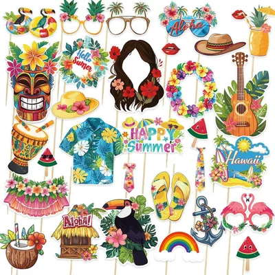 Imagen del producto de Accesorios para fotomatón, set de 30 piezas, temática tropical, para fiestas y celebraciones