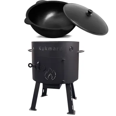 Produktbild von Set Utschak 40 cm + 12 Liter Kasan Kazan aus Gusseisen (Deckel aus Alu) Feldküche Gulasch-Kessel Feuer-Ofen Outdoor