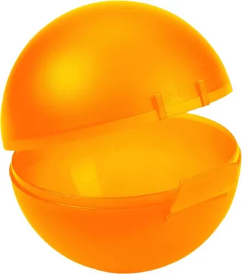 An open, orange, spherical container, likely a food storage box, is shown against a white background.