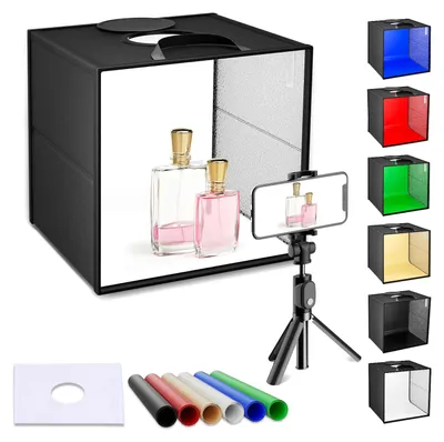 Immagine prodotto di Cabina fotografica portatile - Tenda fotografica pieghevole - Illuminazione a LED - 6 sfondi - Ideale per la fotografia di prodotti - 30 x 30 cm