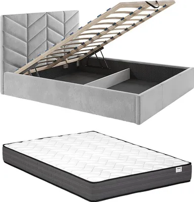 Produktbild von Bett mit Box 140 x 190 cm - Strukturierter Stoff - Grau + Matratze - JUSTANI