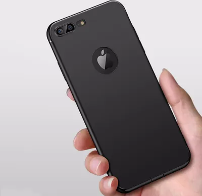 A hand holding a black iPhone 8.