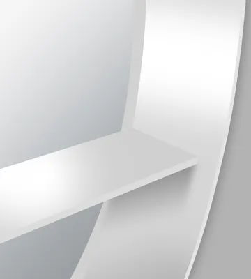 A minimalist, abstract representation of a white shelf or cabinet against a gradient gray and white background.