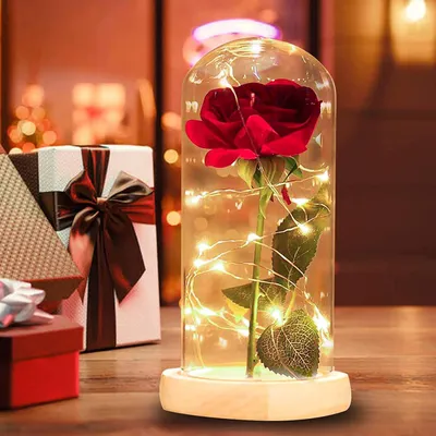 Rote Seidenrose mit LED unter Glaskuppel, 21,5 cm