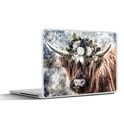 Produktbild von MuchoWow® Laptop Aufkleber Sticker Cover Schottischer Highlander - Rauch - Blumen 32.5x23.5 cm - Sticker für Laptop - Selbstklebend
