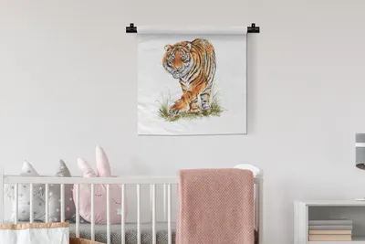 Produktbild von MuchoWow® Wandteppich Wandbehang Tiger - Gras - Kopf 60x60 cm Tapisserie Dekoration Wandtuch - Dekorationen - Wand Decke