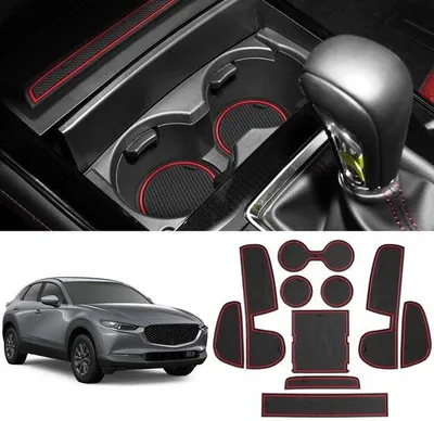 Produktbild von Antislipmatten für Mazda CX-30, rote, gummierte Mittenkonsolenmatte, Becherhaltermatte, 2019-2024, Zubehör, Gummi, Antislip