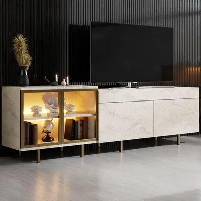 Produktbild von Skye Decor, Hochwertiger TV-Ständer, Travertin & Gold, 190 x 57 x 37 cm | 100% melaminbeschichtete Spanplatte, 18 mm dick | Mit Beleuchtung, Fernbedienung & Wandmontage, modern und elegant.