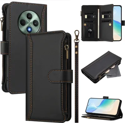 Produktbild von Handyhülle für Oppo Reno12 F 5G/Reno12 F 4G Reißverschluss Geldbörse Kunstleder Klapphülle mit Kartensteckplatz, Ständer, Handschlaufe Schwarz