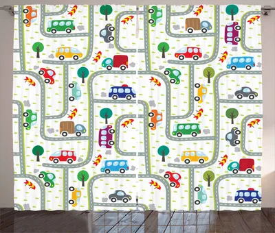 Produktbild von ABAKUHAUS Autos Rustikaler Vorhang, Nette Kinder im Verkehr, Wohnzimmer Universalband Gardinen mit Schlaufen und Haken, 280 x 260 cm, Mehrfarbig