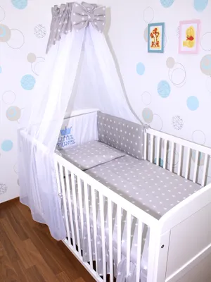 Produktbild von Primawela Baby Bettwäsche Set mit Applikation- 6 teiliges Set mit Chiffon Himmel Bettset Nestchen- 15.Prince-Sterne auf Grau