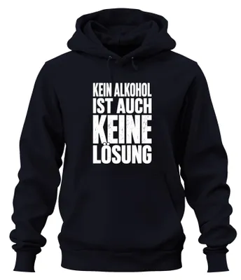 Productafbeelding van Geen alcohol is ook geen oplossing. Grappige hoodie met de tekst "Samen drinken, samen feesten". Marineblauw, maat S